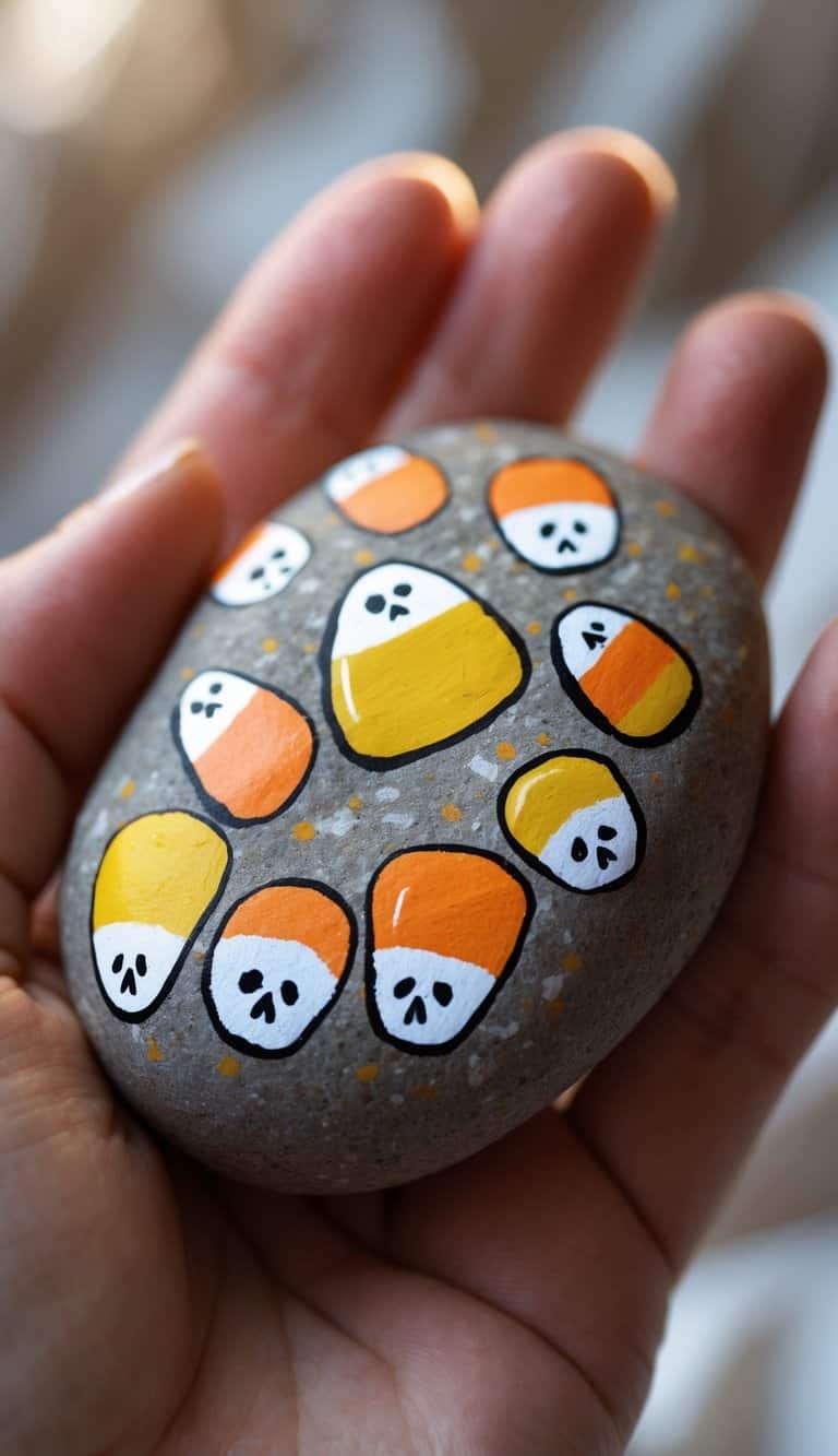 A hand holding a smooth river rock painted with yellow, orange, and white candy corn colors with small skull details.