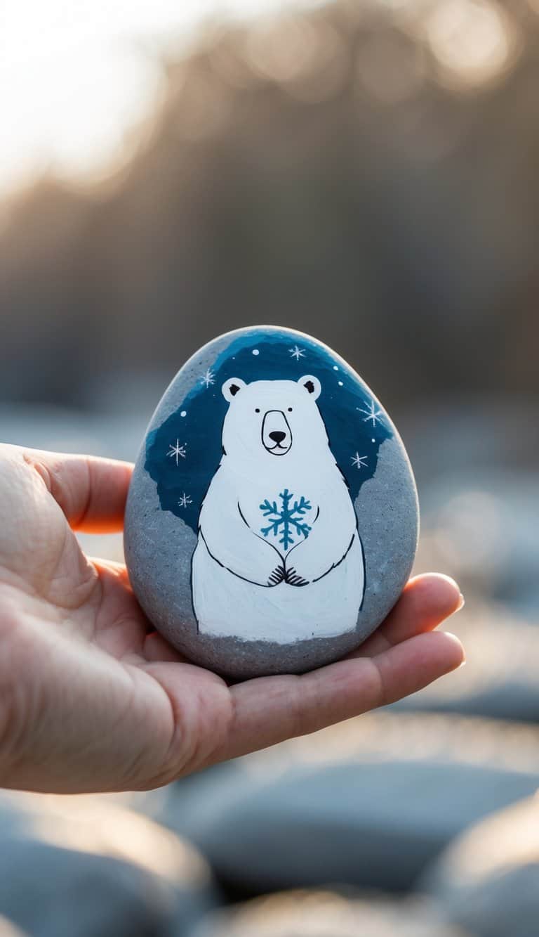 A hand holding a smooth river rock painted with a polar bear holding a snowflake.