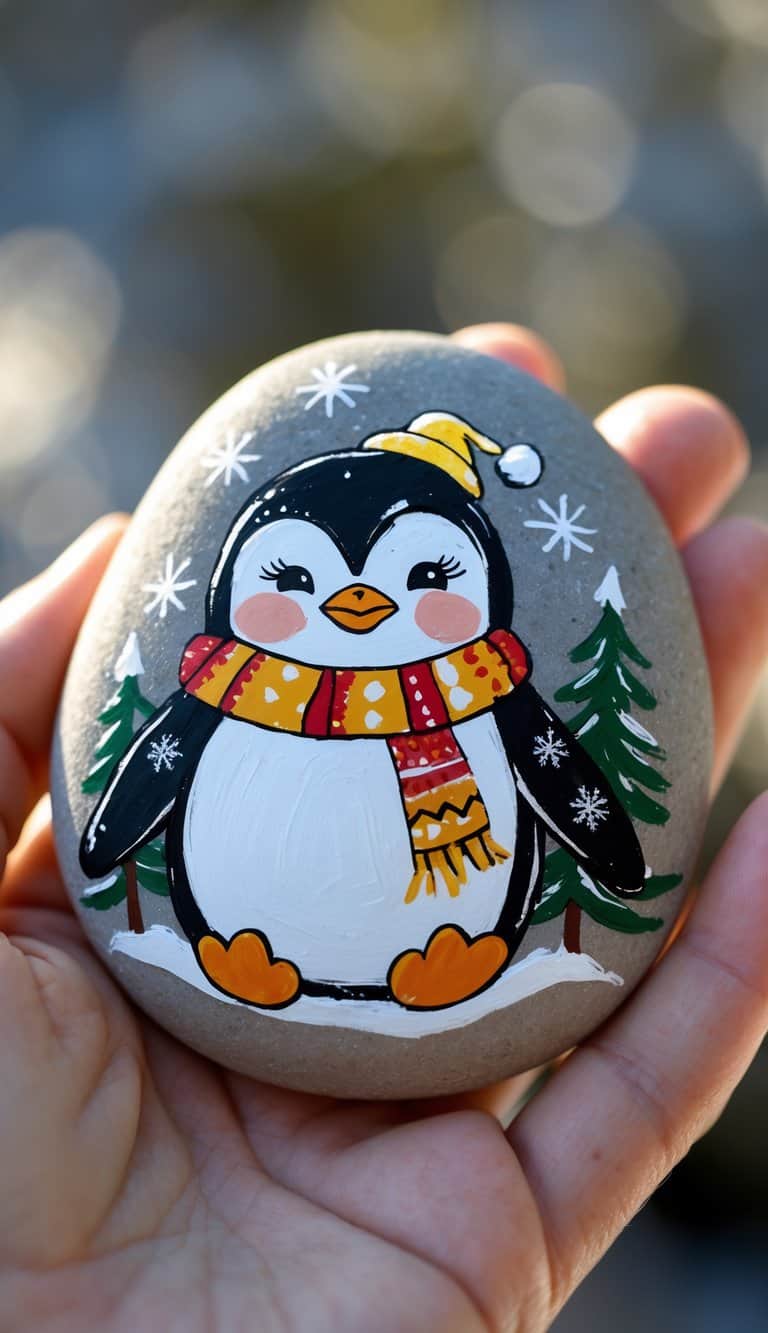 A hand holding a smooth river rock painted with a penguin wearing a scarf and winter designs.