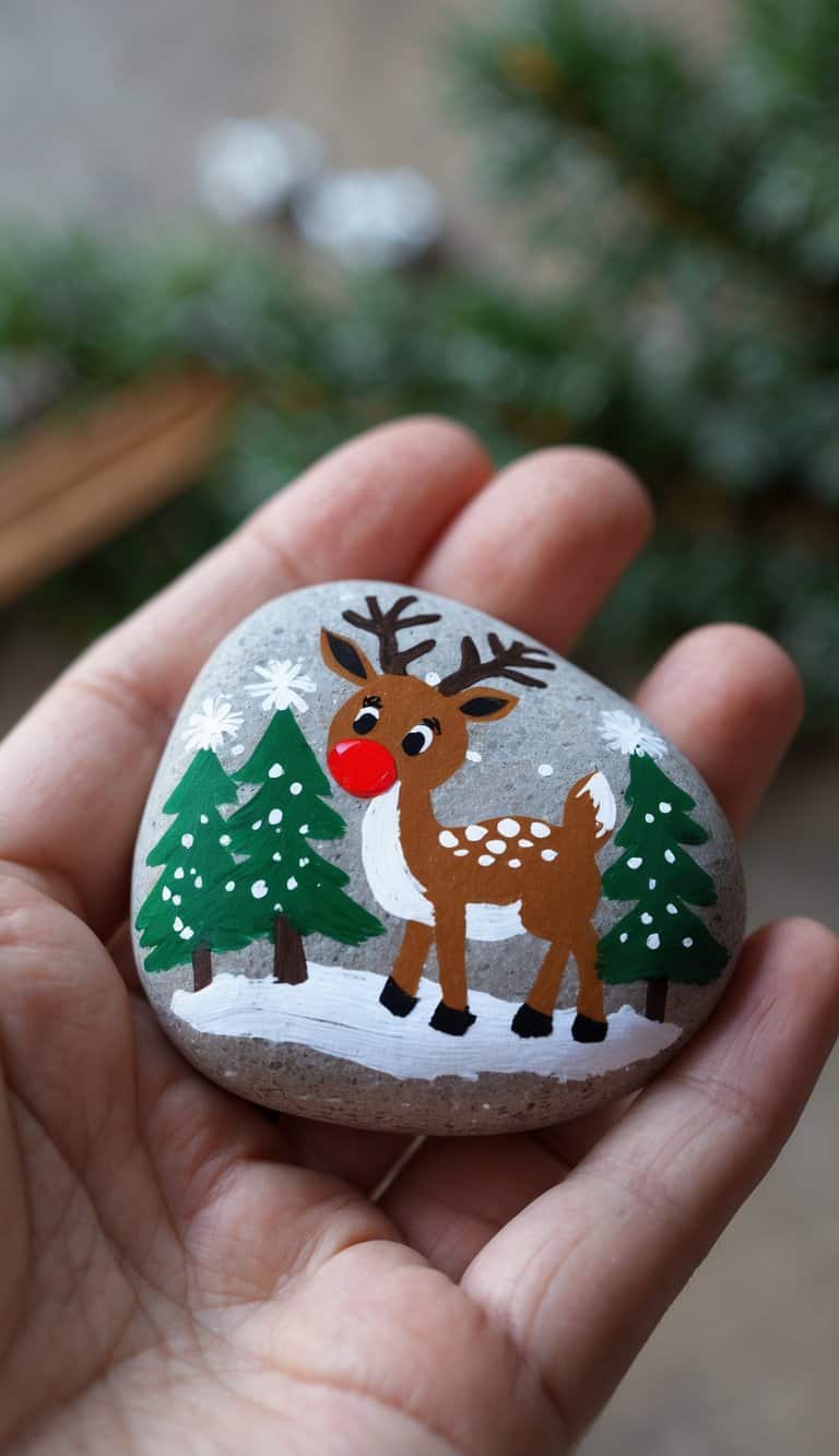 A hand holding a smooth river rock painted with a red-nosed reindeer, snowflakes, and pine trees.