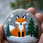 A hand holds a smooth stone painted with a cute orange fox sitting in snow, surrounded by green pine trees and white snowflakes against a gray background.