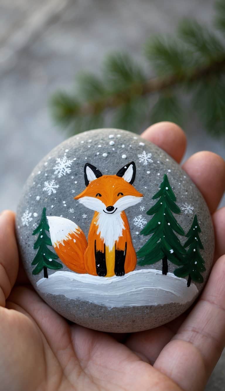 A hand holding a smooth river rock painted with a fox, snowflakes, and pine trees in a winter scene.