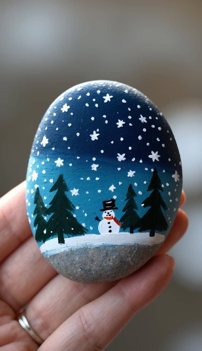 A hand holding a smooth river rock painted with a winter night sky, stars, snowflakes, pine trees, and a snowman.