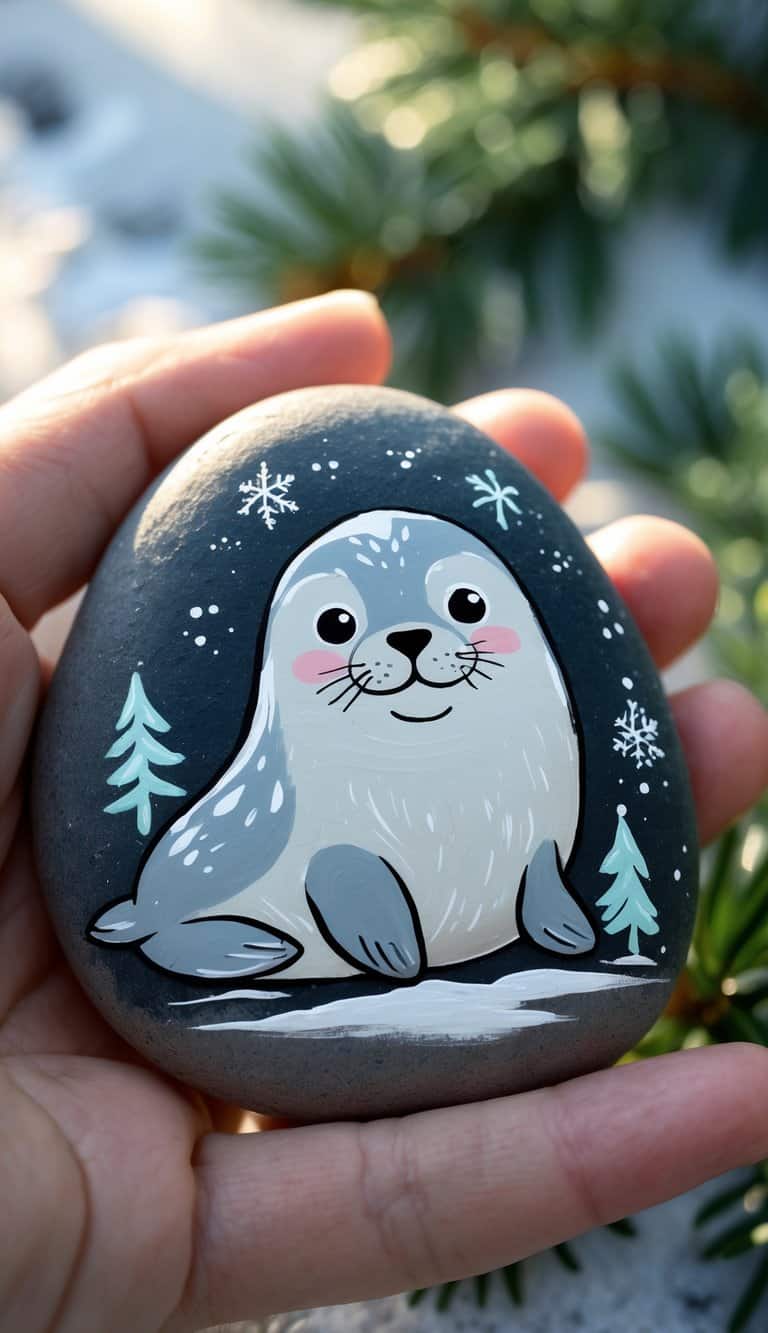 A hand holding a smooth river rock painted with a playful arctic seal and winter-themed designs.