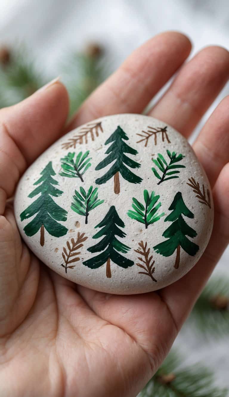 A hand holding a smooth river rock painted with winter-themed designs including evergreen branches, snowflakes, and pine trees.