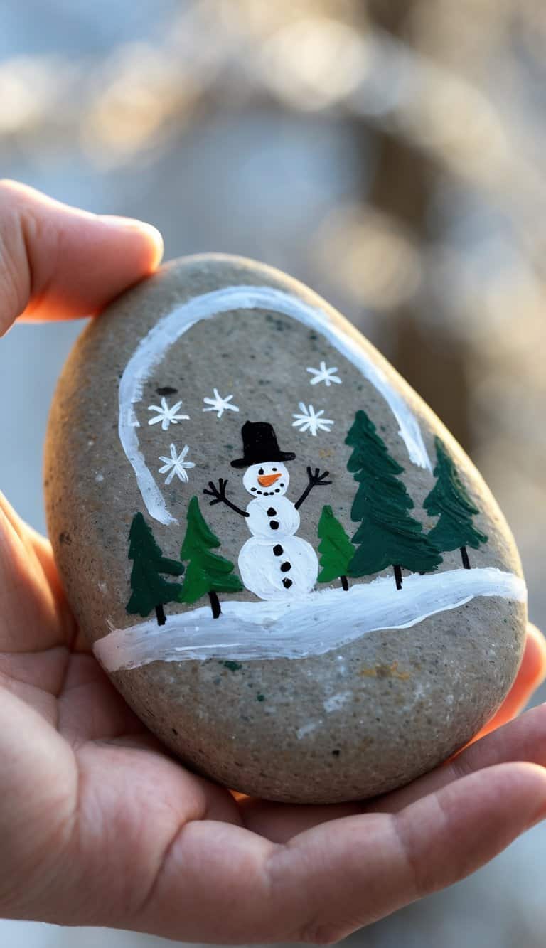 A hand holding a smooth river rock painted with winter-themed designs including snowflakes, pine trees, and a snowman.