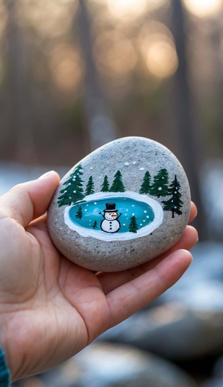A hand holding a smooth river rock painted with a winter ice fishing hole design including snowflakes, pine trees, and a snowman.