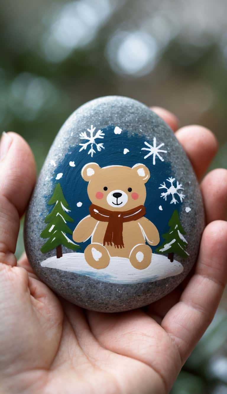 Hand holding a smooth river rock painted with a teddy bear wearing a scarf, snowflakes, and pine trees.