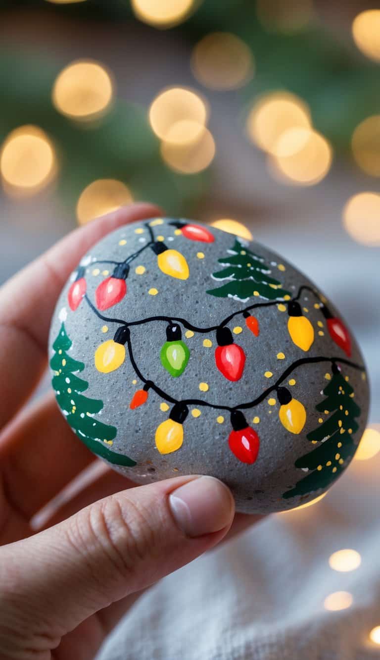 Hand holding a smooth river rock painted with colorful Christmas lights and small snowflakes.