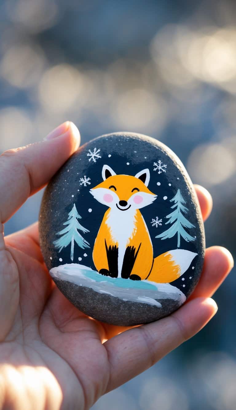 A hand holding a smooth river rock painted with a smiling polar fox and winter-themed decorations.
