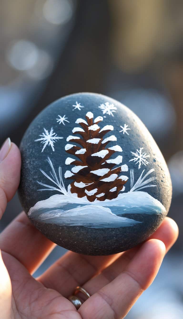 A hand holding a smooth river rock painted with a snow-capped pinecone and snowflakes.
