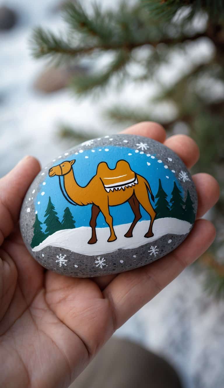 A hand holding a smooth river rock painted with a camel and snowflakes.