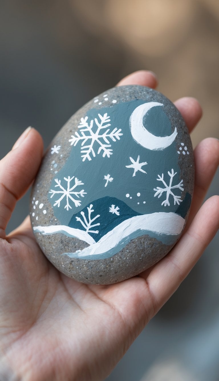 A hand holding a smooth river rock painted with winter stars, snowflakes, and a crescent moon.