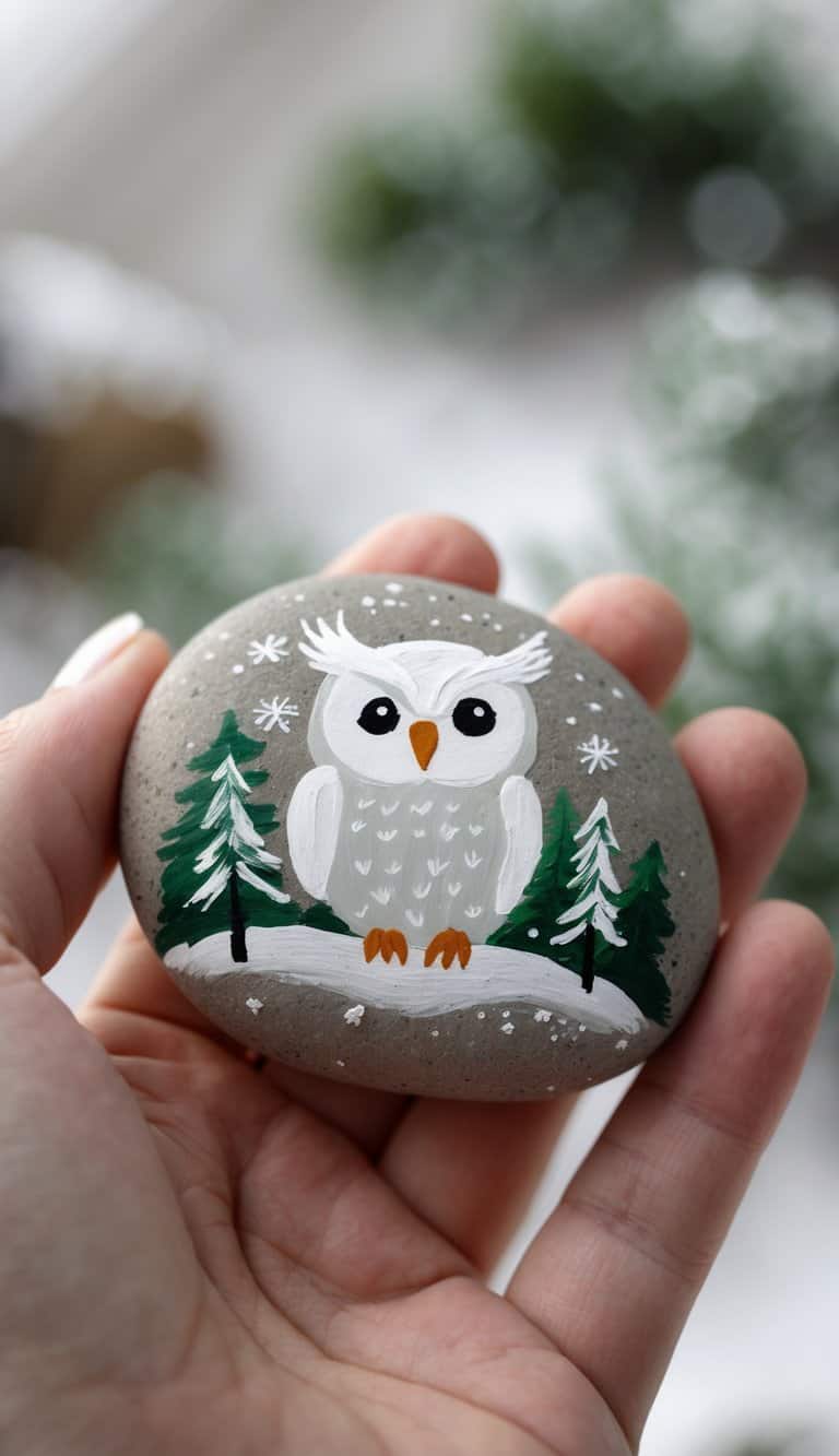 A hand holding a smooth river rock painted with a snow-covered owl and winter-themed designs.