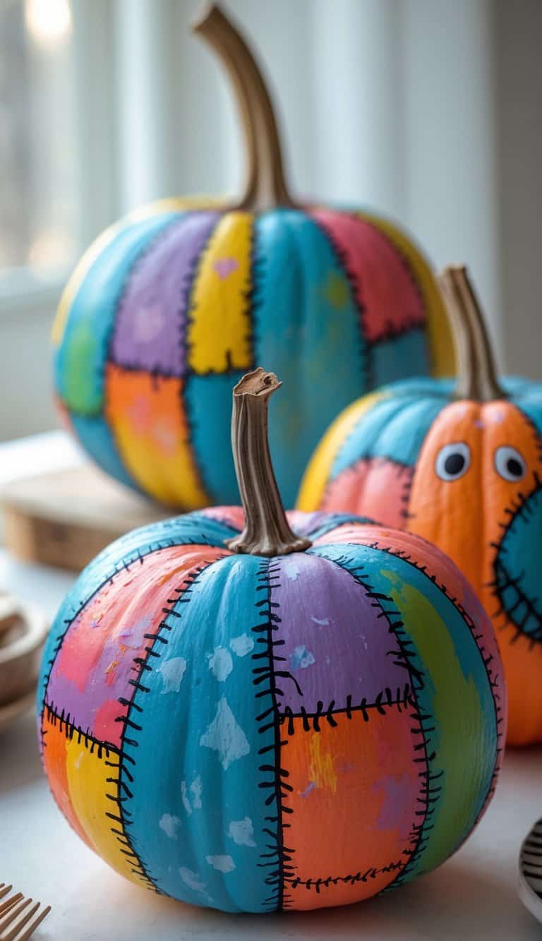 Close-up image of one to two pumpkins painted with colorful patchwork patterns inspired by Jack and Sally, placed on a tabletop with soft natural light.