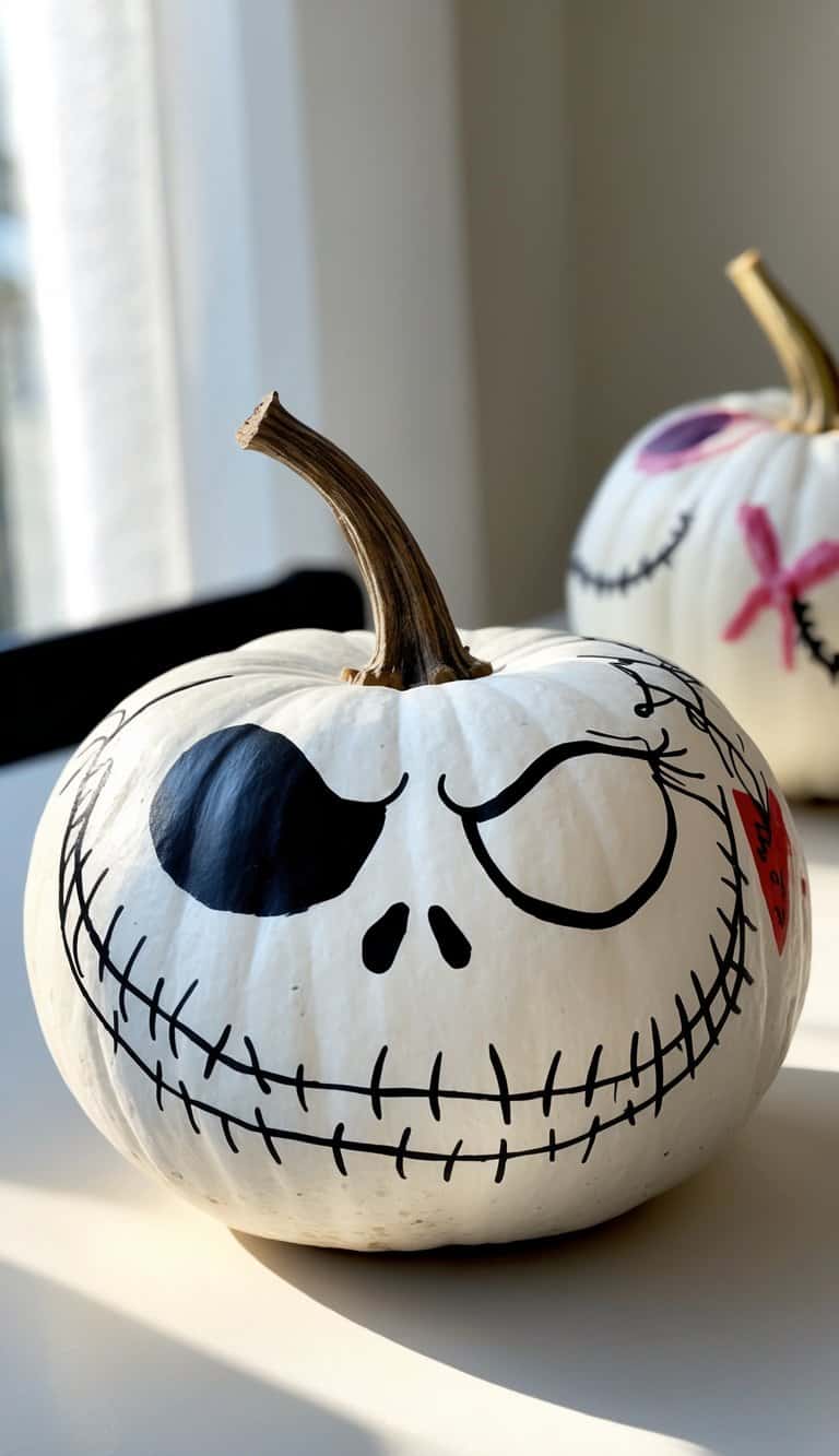 Close-up of one to two hand-painted pumpkins on a tabletop, featuring designs inspired by Jack Skellington and Sally with vibrant colors and a clean background.