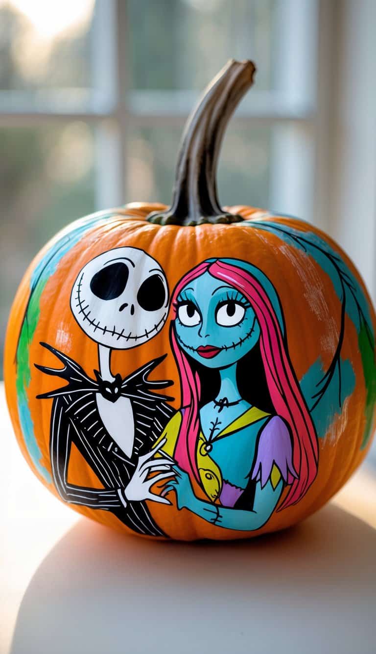 A close-up of a hand-painted pumpkin featuring colorful silhouettes of Jack and Sally, sitting on a clean tabletop under soft daylight.