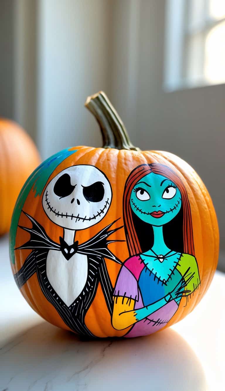 A close-up of a hand-painted pumpkin featuring Jack Skellington and Sally designs, placed on a clean tabletop with soft daylight.