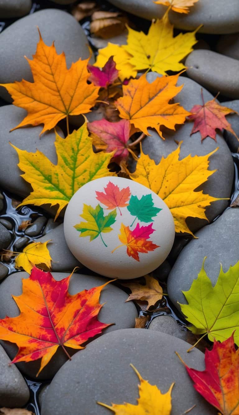 Vibrant leaves scattered among rocks, showcasing the colors of autumn