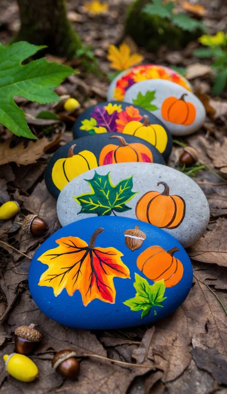 Vibrant fall leaves, pumpkins, and acorns painted on rocks, arranged in a colorful display on a forest floor