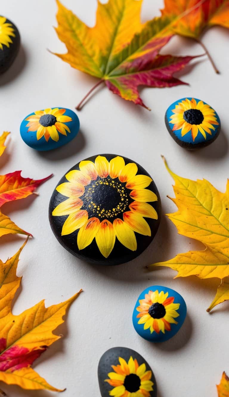 Vibrant sunflower painted rocks scattered among colorful autumn leaves