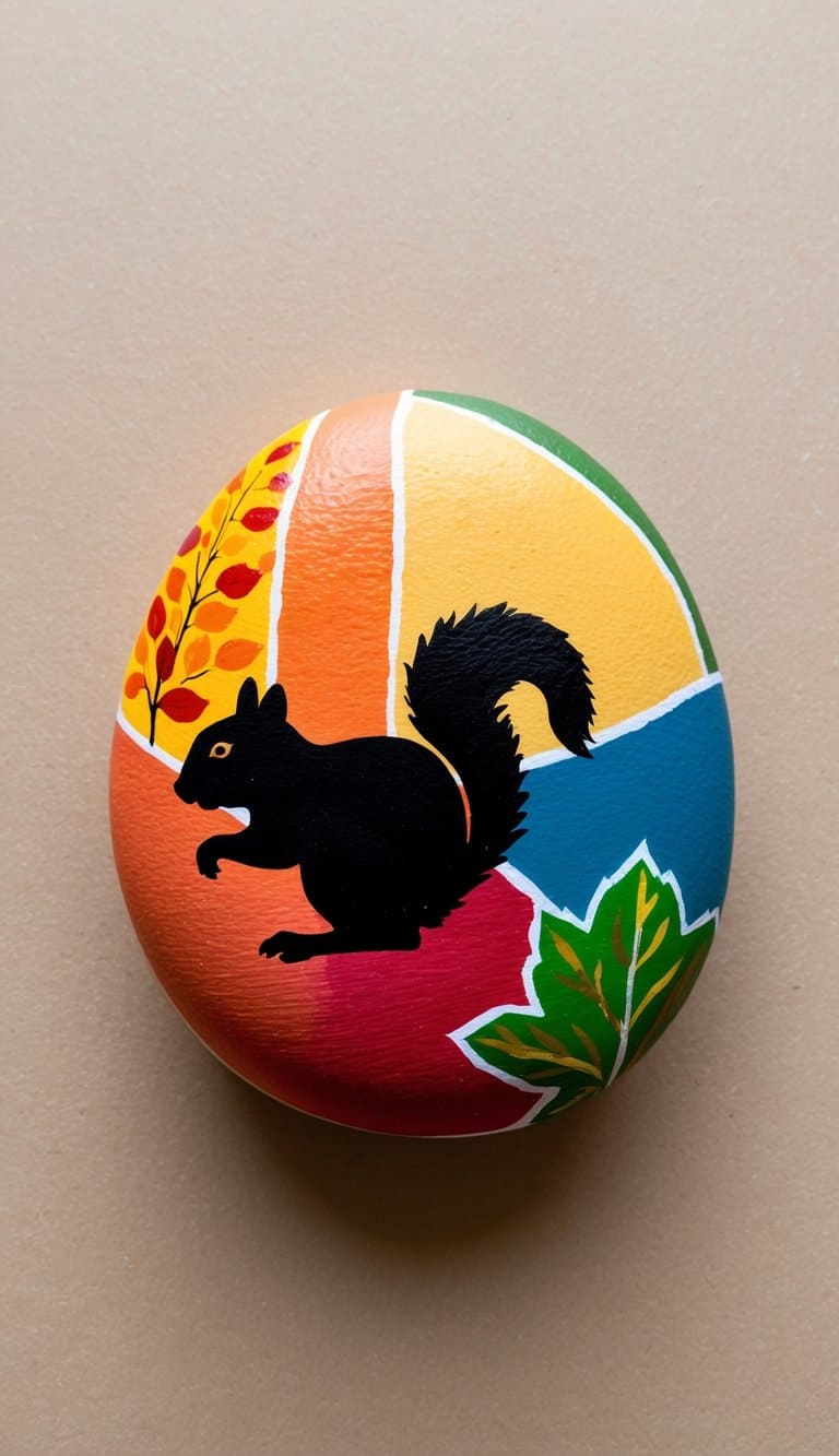 A squirrel silhouette against a colorful autumn background on a painted rock