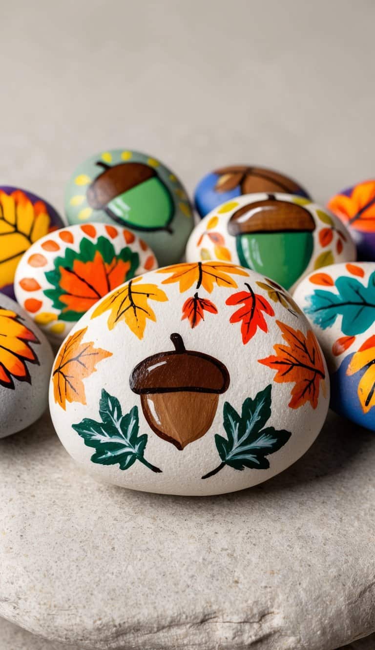 A collection of rocks painted with colorful autumn designs, featuring acorns, leaves, and other seasonal motifs, arranged on a natural surface