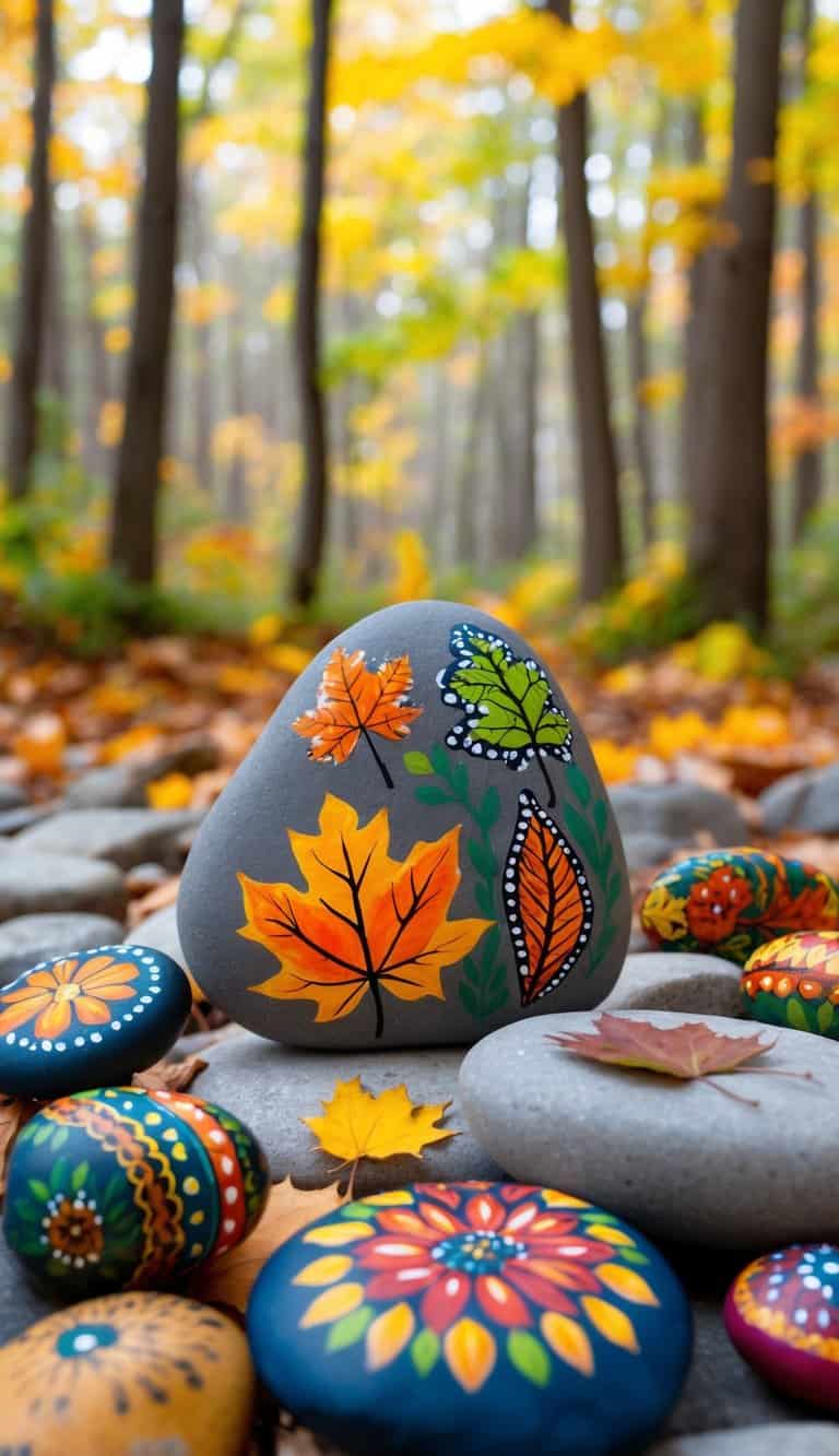 A serene forest clearing with vibrant fall foliage and a scattering of intricately painted rocks in various autumnal designs