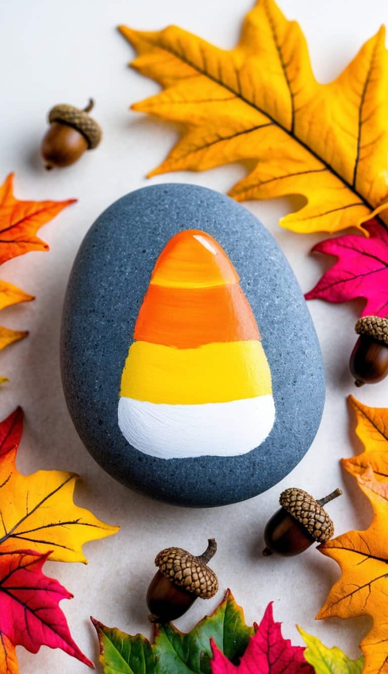 A colorful candy corn painted on a smooth rock, surrounded by vibrant autumn leaves and acorns
