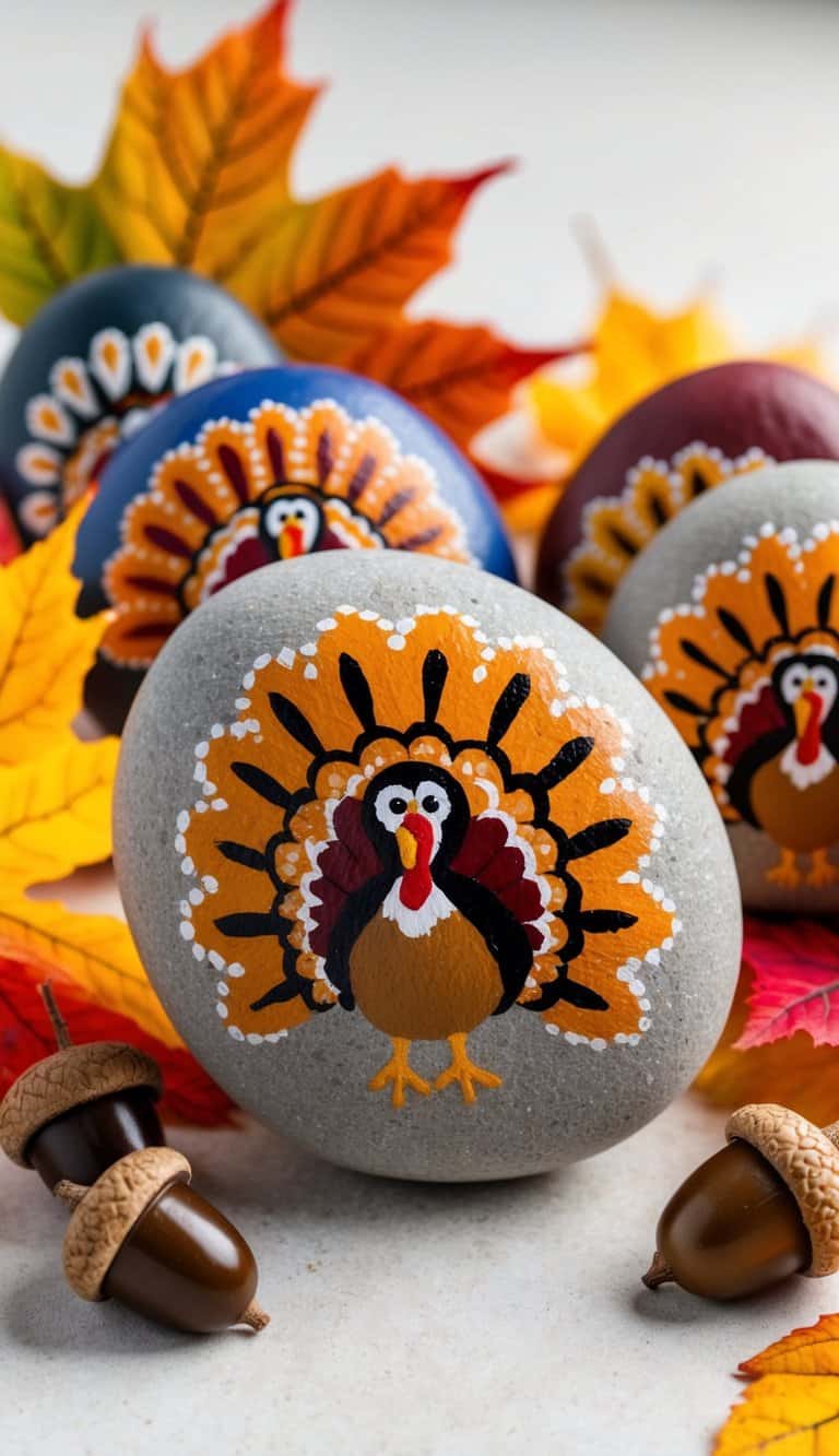 A group of rocks painted with intricate turkey motifs, surrounded by colorful autumn leaves and acorns
