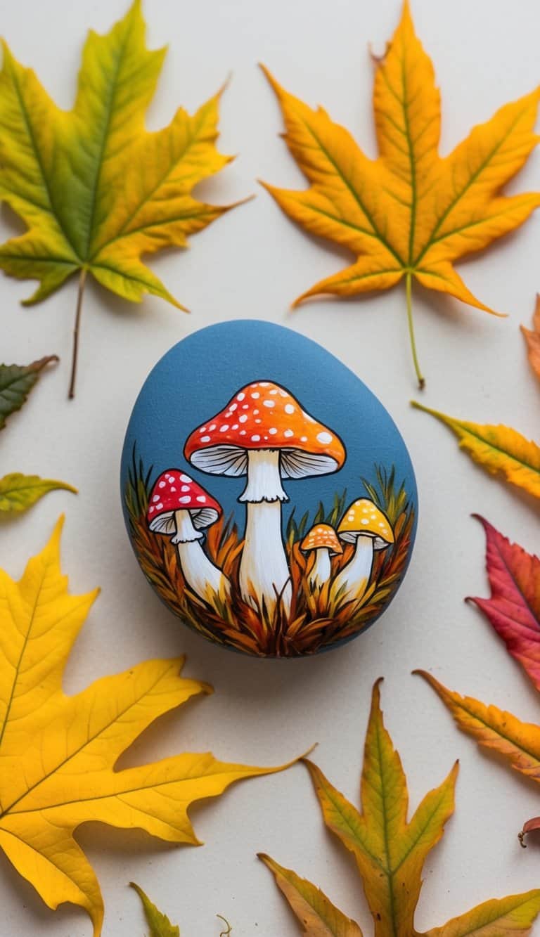 A peaceful mushroom patch nestled among vibrant autumn leaves, with colorful rocks painted to resemble the changing foliage
