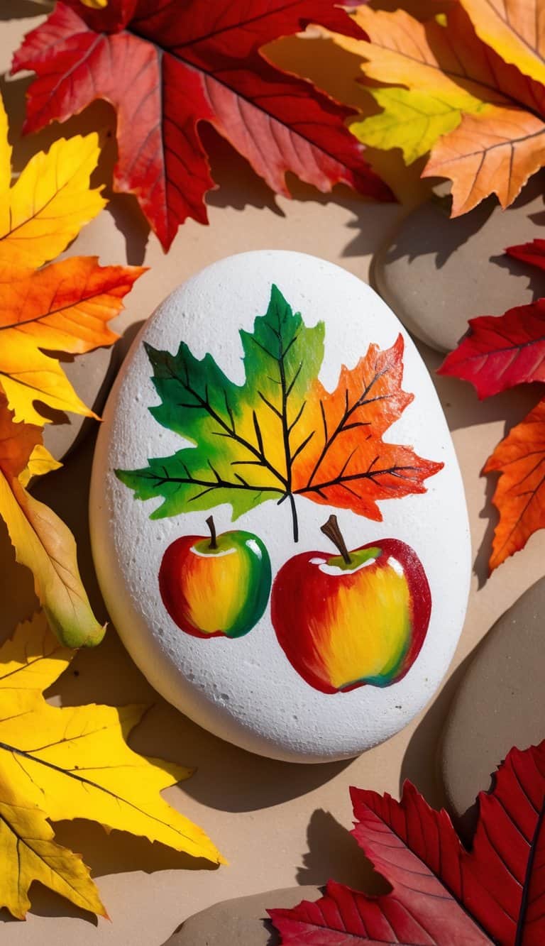 Vibrant leaves and apples painted on rocks, surrounded by warm autumn colors