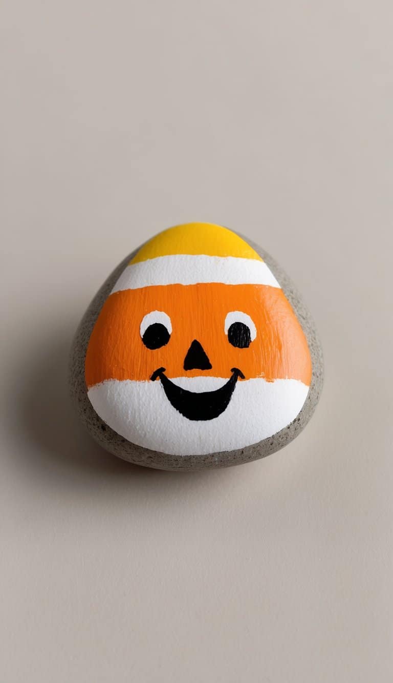 A small rock painted to look like a cute candy corn face, with yellow, orange, and white stripes