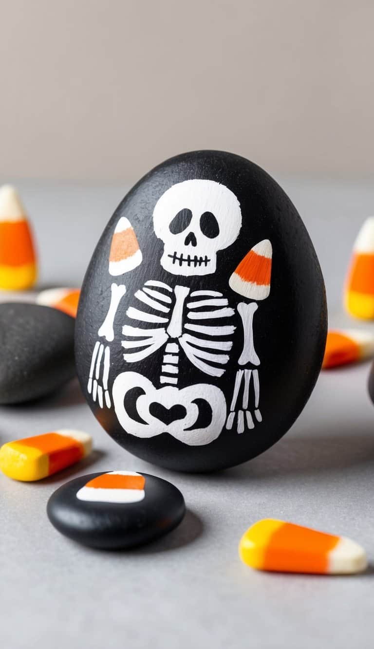 A spooky skeleton made of candy corn painted rocks, arranged in a Halloween-themed scene