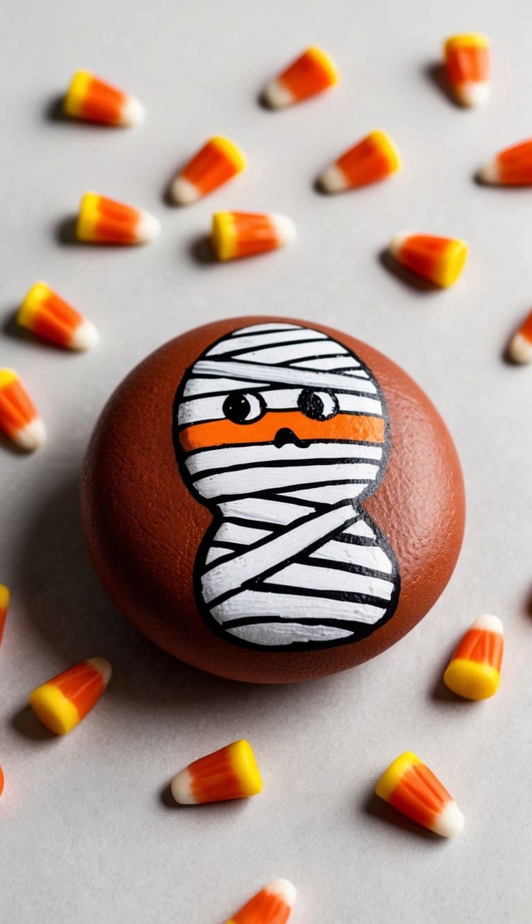 A candy corn mummy rock surrounded by scattered candy corn pieces