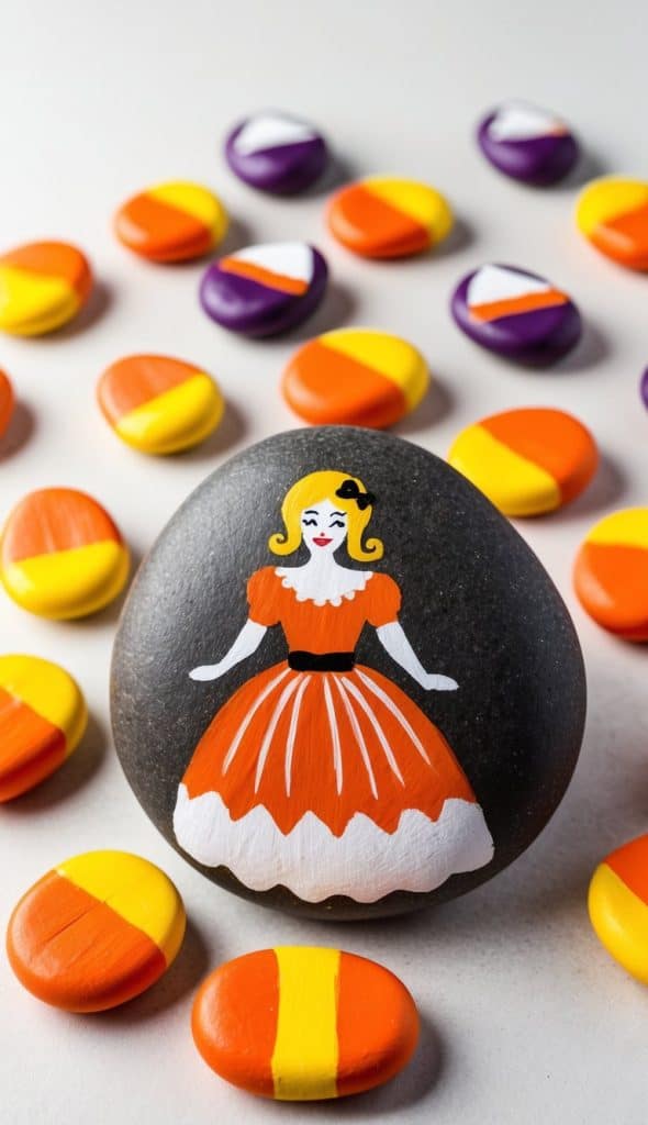 A black stone painted with a woman in a red dress and white collar is surrounded by flat, round stones painted in orange, yellow, and purple halves, arranged on a white surface.