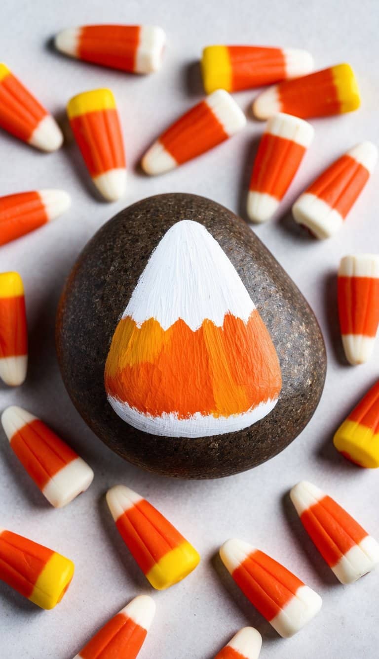 A candy corn painted rock surrounded by sports fan-themed candy corn
