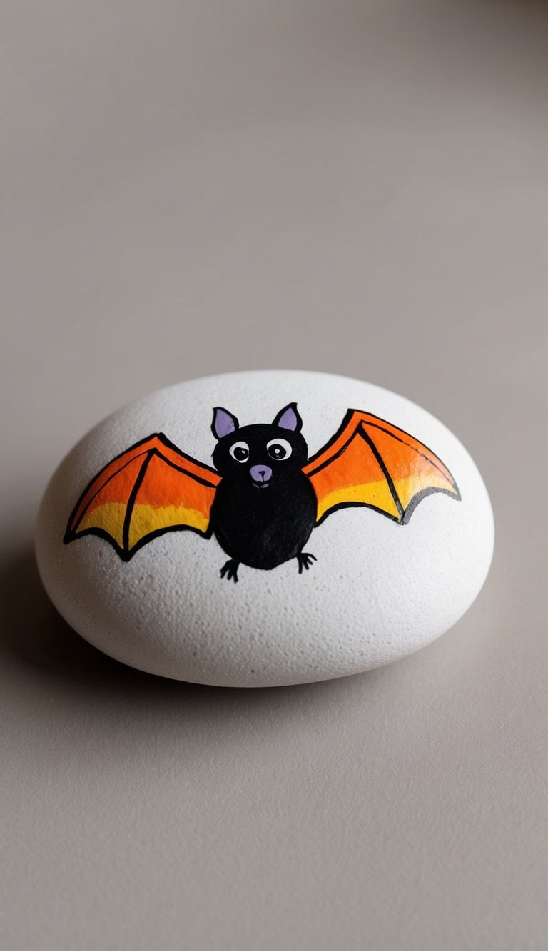 A bat with candy corn wings perched on a painted rock