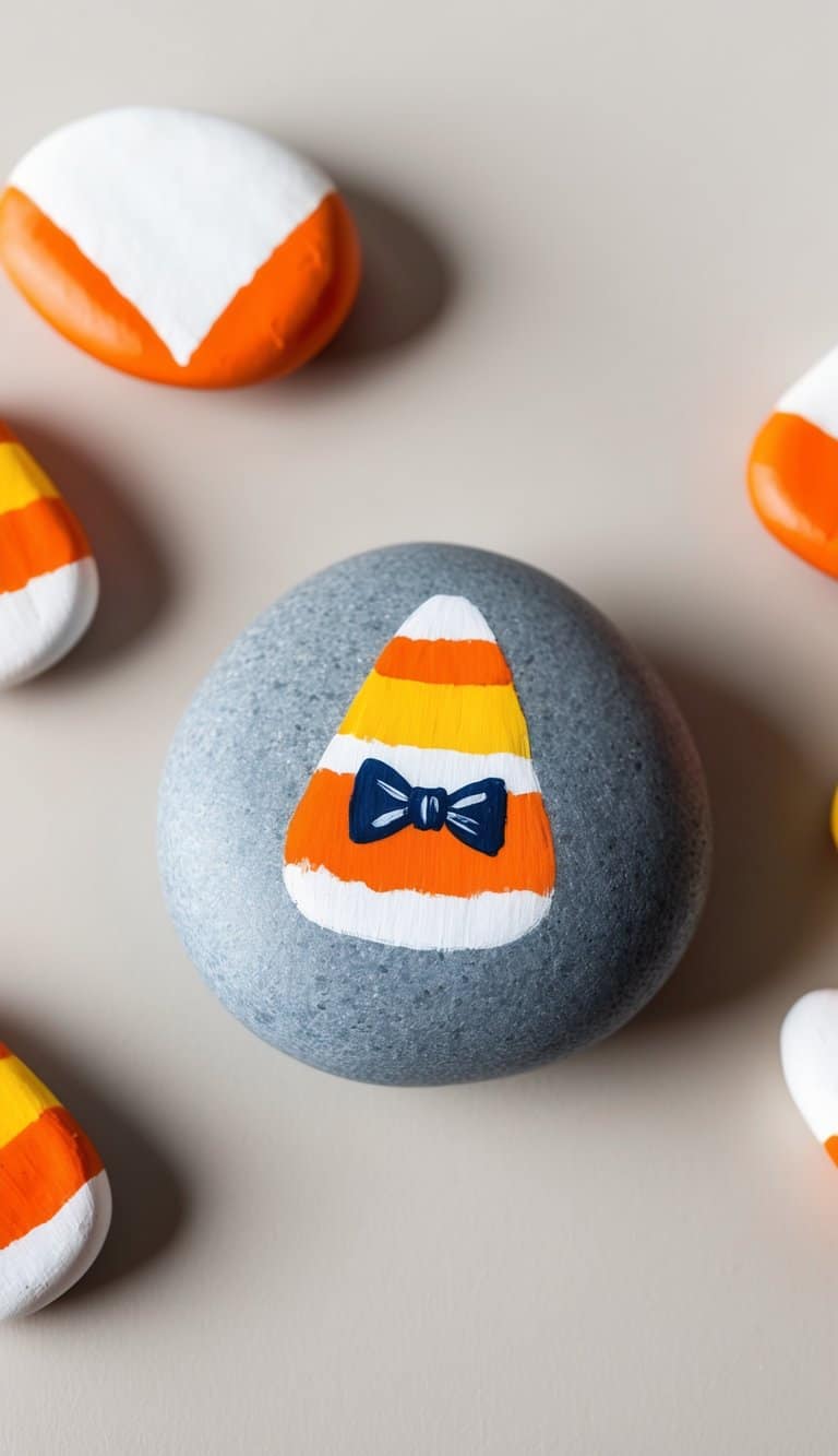 A candy corn with a bowtie sits on a painted rock, surrounded by other candy corn rocks