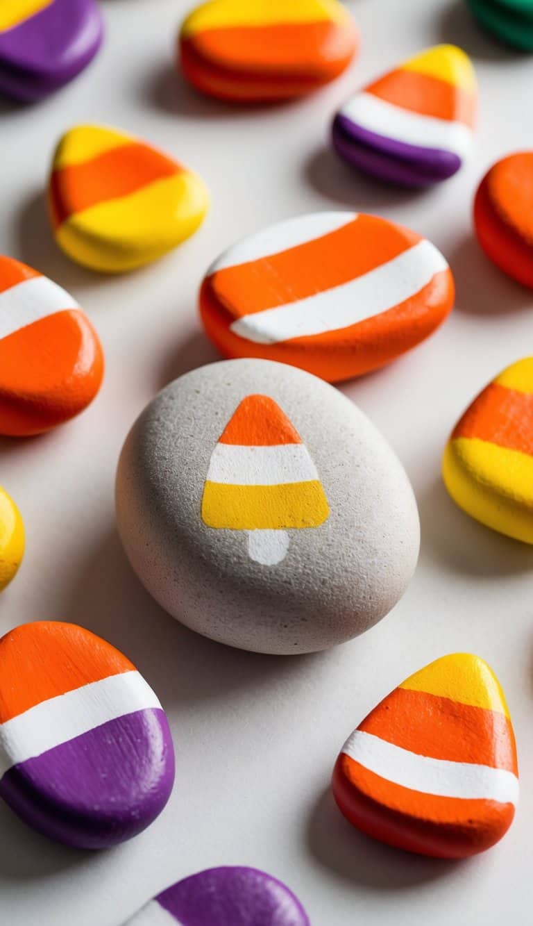 A collection of 50 candy corn painted rocks arranged in a colorful display