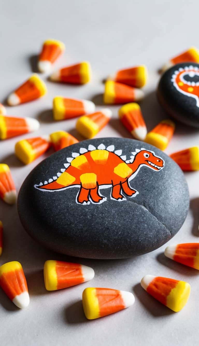 A playful dinosaur made of candy corn painted rocks, surrounded by a colorful assortment of candy corn