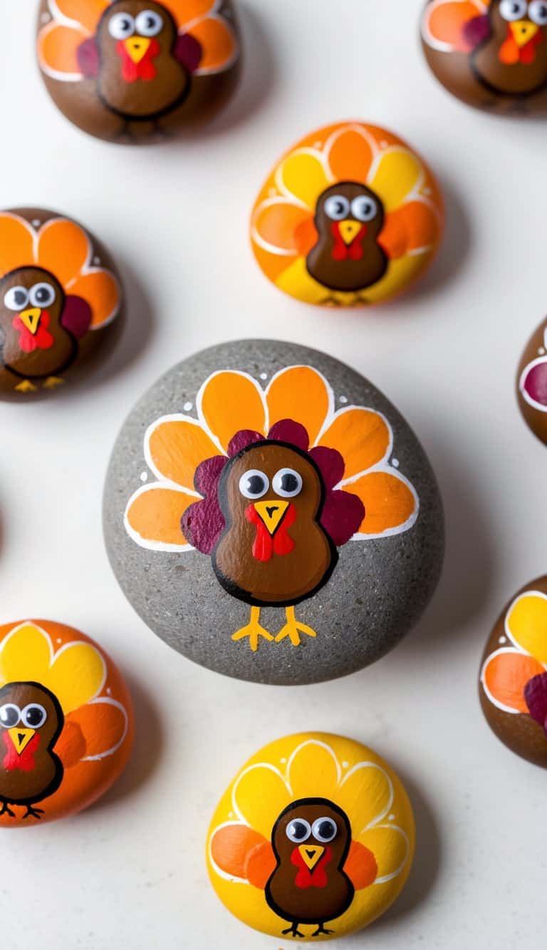 A group of Thanksgiving turkeys with googly eyes surrounded by colorful fall painted rocks