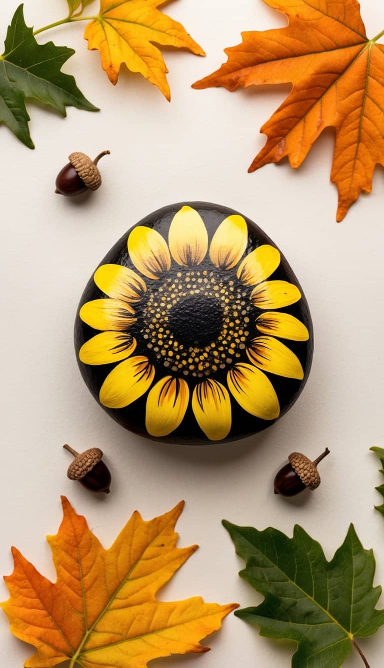 A sunflower patterned rock surrounded by autumn leaves and acorns