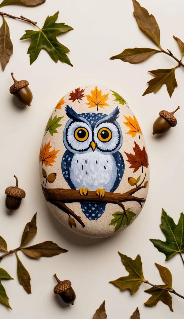 An owl with big eyes perched on a tree branch surrounded by fall leaves and acorns