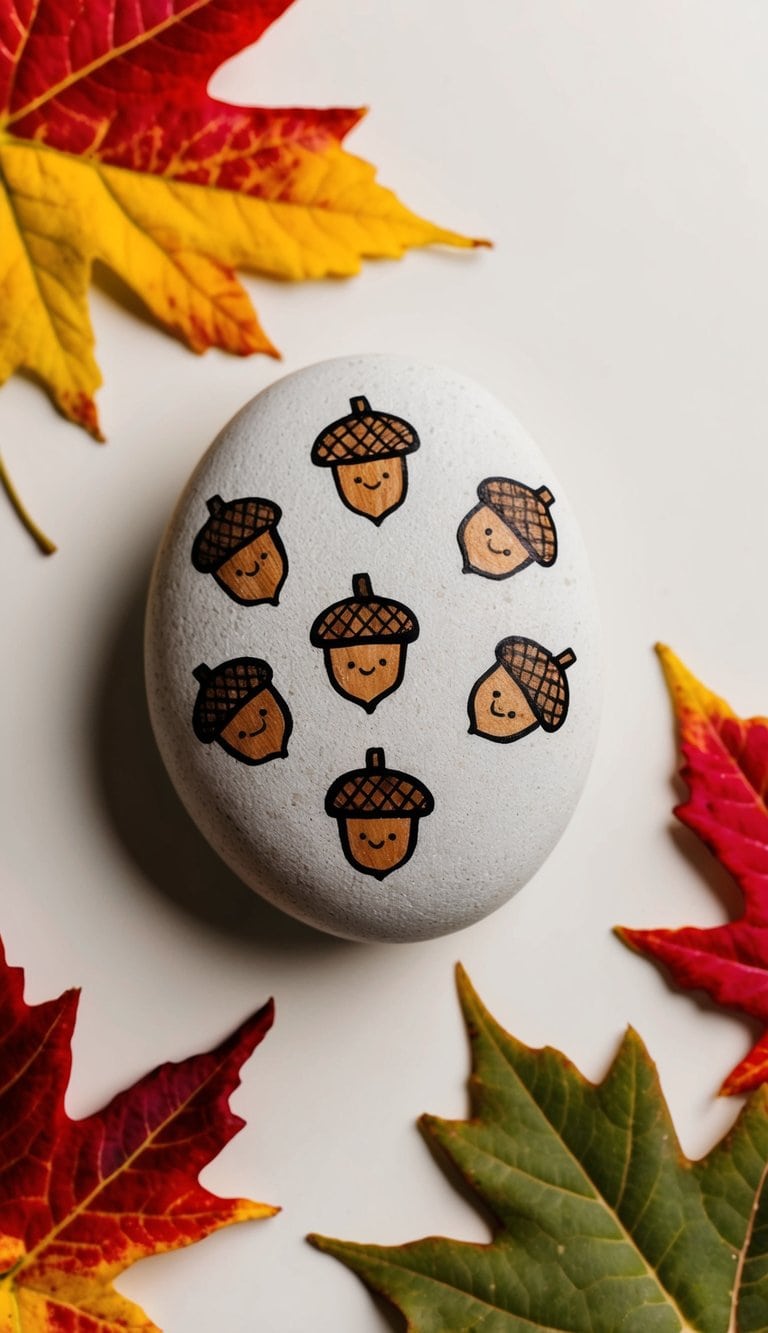 Acorns with adorable faces scattered among colorful fall leaves
