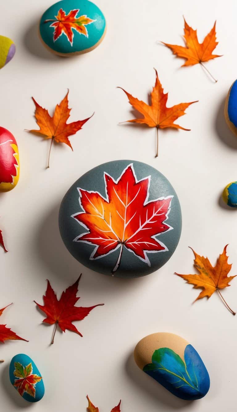 Vibrant maple leaves scattered among painted rocks