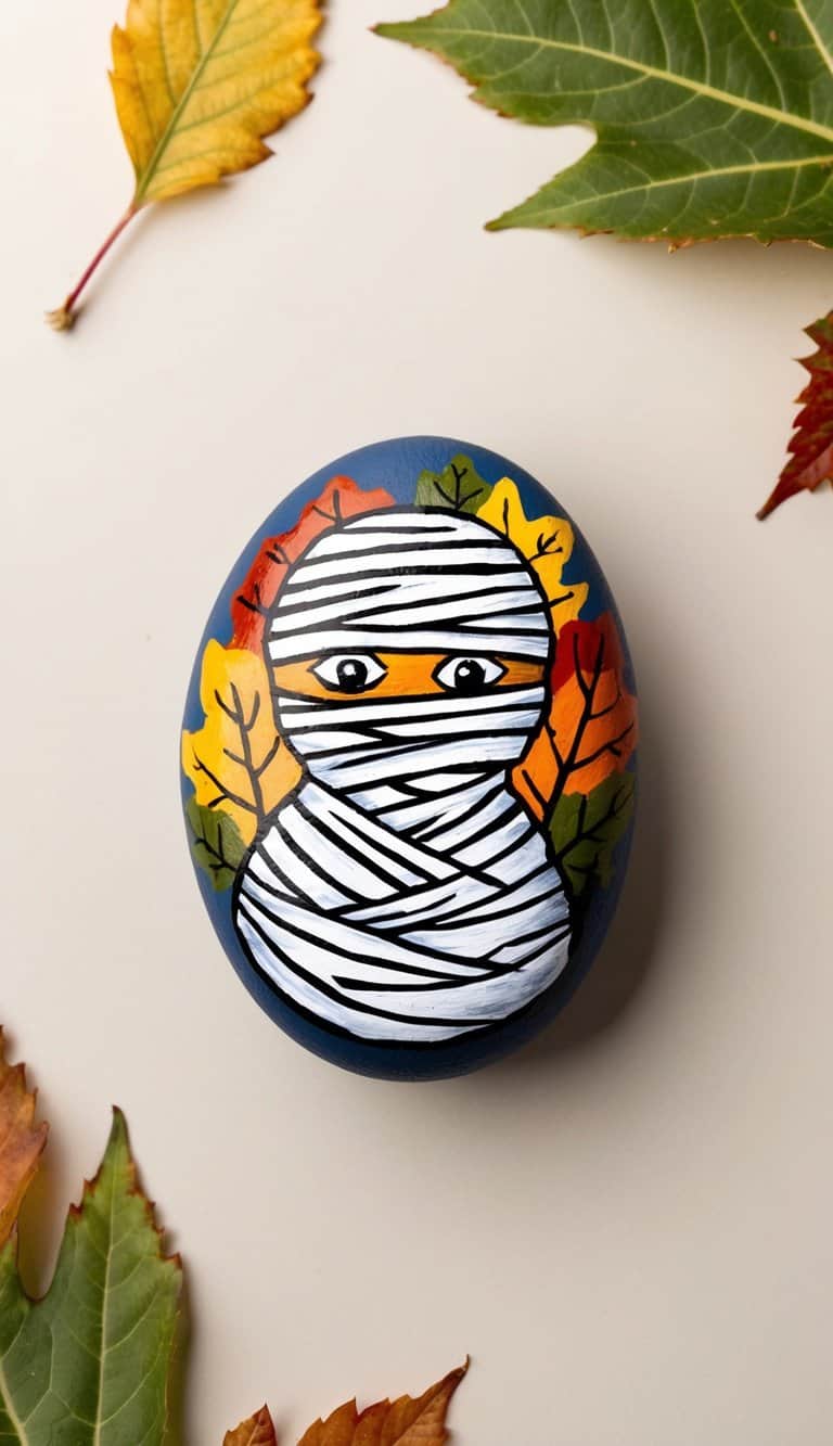 A mummy-themed rock with fall colors and leaves
