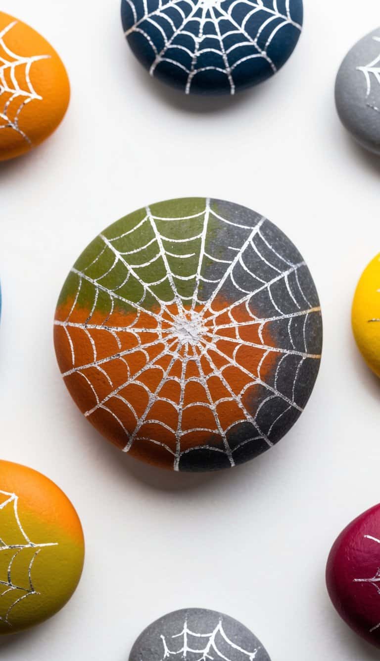 Spider webs glisten with silver lines among colorful fall painted rocks