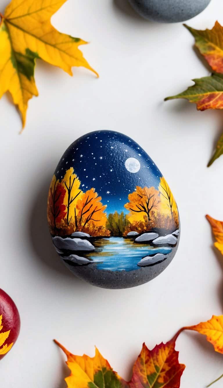 Autumn leaves and a starry night sky backdrop a collection of painted rocks in fall colors
