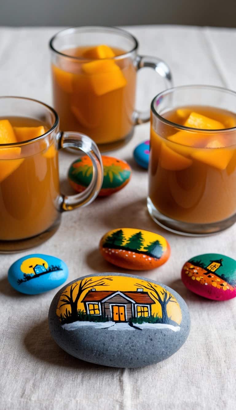 Mugs of mulled cider sit on a rustic table surrounded by colorful painted rocks depicting fall scenes